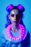 Placeholder: Rosalía, artist, 30 years old, Realistic, waist up portrait. Eyes, make up, glow, circle iris, eye liner. Hair, pigtails. make up, glow. lips, gold. big rings piercing, led ornament, pearls. Hand, baseball bat, Coat, smile pin, inflatable latex, cold, led lights, minimal, neon, pink, blue, gold, vibrant color, highly detailed, art stations, concept art, smooth, unreal engine 5, god lights, ray tracing, RTX, lumen lighting, ultra detail, volumetric lighting, 3d, finely drawn, high definition, 4k