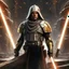 Placeholder: star wars bald male corellian jedi pilot wearing black and gunmetal grey old republic armored robes with gold trim, alone, battle-ready Jedi Master defending a ruined ancient city surrounded by golden light, centered head and shoulders portrait, hyperdetailed, dynamic lighting, hyperdetailed background, 8k resolution, volumetric lighting, light skin, fully symmetric details