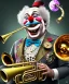 Placeholder: mechanoid happy old friendly fat clown playing jazz with a steampunk theme, trumpet, realistic