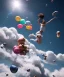 Placeholder: Ultra realistic speed clouds sky scene, wide angle view, strong men falling down with many Childs background, circus clothing style, feather color clothing, free jumping flying, many trinkets, hair monster, many jelly beans, balls, color smoke, smile, happy, extreme, wind, clouds sea, 20,000 feet altitude, stratosphere, soft color, highly detailed, unreal engine 5, ray tracing, RTX, lumen lighting, ultra detail, volumetric lighting, 3d, finely drawn, high definition, high resolution.