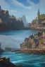 Placeholder: medieval fishing town, rocks, long piers, fishing boats, shops, blue sky