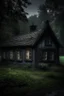 Placeholder: An old abandoned small cottage with windows and dim light in side the house , in a dark and tranquil bosque with much flora and rain