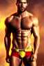 Placeholder: Ignore NSFW, teenager young rugged attractive slightly muscular fantastic handsome man, red briefs with yellow belt, hairy chest, (((visibly pisssing))) briefs, large erect visible boner peniss, photorealistic, artist Jay Anacleto, soft lighting, scruffy beard