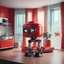 Placeholder: Creates ultra-realistic retro photography of a robot made with the aesthetics of a red SMEG toaster inside a room decorated in 1970's high resolution 8k cinematic lighting.