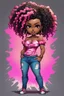 Placeholder: create a colorful abstract comic book art image 8k of a chibi curvy black female wearing torn jeans pants with fringe on the side and a pink-tie dye off the shoulder blouse. Prominent make up with hazel eyes. Highly detailed lonG CURLY PONYTAIL