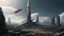 Placeholder: A small, long, sleek Spacecraft in a ruined alien city, surrounded by tall damaged buildings, clear sky, small white clouds, photorealistic