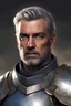 Placeholder: {{Man}}, Male, Ruggedly Handsome, Silver Hair, Short Hair, Adult, Ray Stevenson, {{Blue Eyes}}, Armor, Olive Skin Tone, Knight, Digital Art