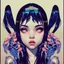 Placeholder: A beautiful portrait painting of a Singer Melanie Martinez face by Katsushika Hokusai, beautiful cyberpunk huge girl, symmetry, hyperdetailed, illustration darkblue tones,