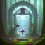 Placeholder: spray painting fantasy art, robot falling through glass standing in portal to wet forest world from city world,poetry book illustration