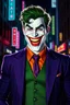 Placeholder: The Laughing Man - A tall, muscular 20-year-old man, with (((Short, crew cut wavy green hair tapered on the sides and back:1.5))), his face is white with red lips permanently stuck in an evil grimace/smile, he has thick, bushy green eyebrows He wears a purple pinstriped jacket over a green waistcoat and an orange button up shirt with a purple tie, ((Photorealistic)), ((Cinematic Lighting)), the background is a Dark, neon lit city