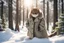 Placeholder: Cat in Wellensteyn coat, winter forest, pine trees, snowing, in sunshine