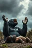 Placeholder: A gorilla anger , looking up to the sky , raising both hands up like prayer. His son is laying dead on the ground, A cloudy stormy . 4k, dramatic scene,