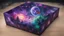 Placeholder: a box 10 cm long by 5 cm wide and 25 cm high, drawn on a box on all sides, space, tress, planets, butterfly nebula, crow galaxies a lot of colours purple, green and red, portal too others galaxy, realistic