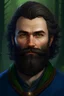 Placeholder: Full colour portrait of a lithe 35-year old white man with brown hair, grey eyes, and a brown beard, wearing dark blue and green; fantasy setting