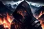 Placeholder: 3d anime warrior in dark hood , detailed, sharp focus, dark colors, pale lights,mountain, crepy, dark fantasy in background fire city, professional anime art