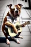 Placeholder: One single mature light Staffordshire terrier, friendly, playing guitar in the street , Vienna, opera, sunny day, model style, hyper realistic, extremely accurate, delicate, extremely detailed, Graphic novel style, wide-angle, open aperture, superfine pencil