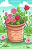 Placeholder: Rose flowers in a bucket book cover, in a garden, toddlers style, cartoon style,