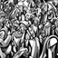 Placeholder: picasso cubism crowd of people black and white screaming bull in the middel