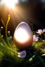 Placeholder: Opened eggshell in the cosmo: a beam of light coming out from it; soft meadow covered in flowers, smooth and lightful