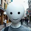 Placeholder: on street there is a unique human with white reflective head and 2 black circle eye and black :D open smile realistic, black hair, and normal clothes