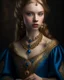 Placeholder: Young noble lady with golden hair and striking blue eyes. Elegant medieval dress with fine embroidery. Adorned with gemstone jewelry. Graceful posture, confident expression. Aristocratic features. Fantasy court setting, refined atmosphere.