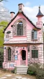 Placeholder: A light pink magical witch's house painted by Jean Dubuffet