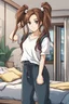 Placeholder: attractive anime woman with brunette long hair tied into twin ponytails, t-shirt and sweatpants, full body in frame, bedroom setting