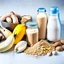 Placeholder: Ingredients for a proteinshake. Eggs, bananas, protein powder, nuts, studio view,