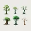 Placeholder: "Isolated concept art of multiple types of alien tree plant on a plain neutral background. Designed for different biomes: Forest biome – lush, dense, tall grass with strange broad blades, glowing tips, and twisted leaves. Swamp biome – slimy, wet, moss-like grass with tangled roots, bioluminescent details, and spongy textures. Desert biome – dry, spiky, brittle grass with sharp edges, thorn-like blades, and pale dusty colors. Each grass type should have a unique silhouette and texture.