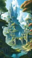 Placeholder: An ancient abandoned elvish city that a forest has grown over, over the centuries in high fantasy style that gives off a cozy vibe, only light blueish redish hue