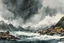 Placeholder: an abstract ink wash and watercolor lithographic illustration of a storm tossed, highly detailed coastal fishing village in the mountainous islands of Lofoten , with ominous storm of the century thunderheads and pounding surf , finely drawn and inked, 4k, hyper detailed and vibrantly colored in the comic art style of Bill Sienkiewicz and Frank Miller