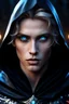 Placeholder: image of a blue eyed Fae Prince wearing a black hooded cape with silver symbols. Photorealistic. 4k. Dark Fantasy