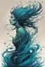 Placeholder: front facing illustration of a shape shifting female Funayurei water spirit in the style of Alex Pardee , Jean Giraud Moebius, and Katsushika Hokusai, highly detailed, boldly inked, deep murky aquatic color