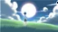 Placeholder: giant half transparent virtual moon, glitchy, blurry, maximum quality, centered on frame, far view, in the middle of a grassy hill, white sky with cumulonimbus, manga, makoto shinkai style
