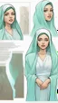 Placeholder: (Comic Book Art Style), (Soap Board Art Station Style), Full Body View, Full Shot, Front View, Back View, Character Design, Character Leaf, Woman Wearing Veil, Light Blue Veil, Green Eyes, Soft Highlights, Sharp Outlines, sharp shadows, 8K, high quality, solid white background, (cell shading).