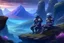 Placeholder: two medieval soldiers in armor sitting near rocks while looking at distant mountains with purple and blue distant mist and glowing mushrooms and plants around the soldiers