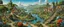 Placeholder: a beautiful surreal outdoor countryside summer scene with hills & fields, hedgerow, many pathways, stairways, streams, waterfalls, water-wheels, intricate dwellings, an outdoor surrealist market with many weird animals, & a small flock of dream-like sky-fish fly high in the distance : in the style of Dali and Bosch, very high detail, photorealistic, epic cinematic, 8K, Large depth of field