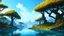 Placeholder: futuristic builds and trees, lake, Roger Dean-style