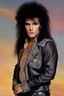 Placeholder: What Elvis Presley would look like if he were in a 1980s, big hair, glam rock band with long, teased up, spikey black hair, full color image,