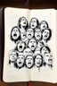 Placeholder: sketch line, rought, of 20faces on a pages, screaming and sad, demented, mad, journal