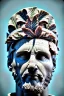 Placeholder: Ultra Realistic image, roman sculpture, white marble material, Lionel Messi, Laurel leaves wreath, miguel angel style, chisel style, emperador, waist up portrait, ultra hd, perfect texture, epic, celestial, cinematic lighting, God light, god rays, 4k resolution, smooth details, ornate details, soft lighting, unreal engine 5, marble background.