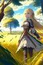 Placeholder: Anime, blonde girl in medieval clothing in large field in the middle of the forest, HD, extreme detail