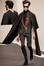 Placeholder: a men winter fashion runway with modern clothes inspired by Superman style, embroidery elegant fashion black tones