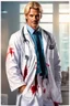 Placeholder: Mid-thirties, Caucasian male doctor, kind smile, blonde hair (slightly disheveled) blonde mustache, pale blue eyes, broad shoulders, muscular, six foot, Hawaiian shirt under white lab coat with bloodstains at the edges. Strong Jaw line, surrounded by shadows, photo realistic