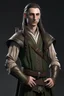 Placeholder: beautiful male on his thirties high elf ranger wearing medieval clothes with hands behind his back
