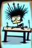 Placeholder: 2d drawing of a stickman, cool with punk hair, x eyes like in hangman, laying down flat on somach on massage table,3d realistic in colour