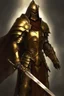 Placeholder: photorealistic holy knight paladin in darkly gold armor and a cape wielding a greatsword in abyss