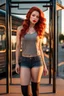 Placeholder: An image of a Teenage female, full body, looking at camera, at sunset, wearing tight tank top, 3D effect, on a bus stop, glossy wavy red hair, hyperrealistic, full lips, lip gloss, soft natural light, thick lines