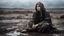 Placeholder: one (woman:1.1) sitting on the ground, in worn and very old clothes, negative mood, guilt, heavy rain, soft particles, in the evening, wet reflective earth, artistic image, against the background of a battlefield, closeup