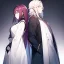 Placeholder: anime couple. couple is wearing black n white.couple standing with their backs towards each other.background is pink and blue.